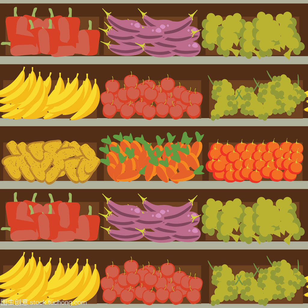 水果和蔬菜货架和新鲜健康的食物,在超市,选择大的有机产品的销售在食品商店内部,商店矢量图